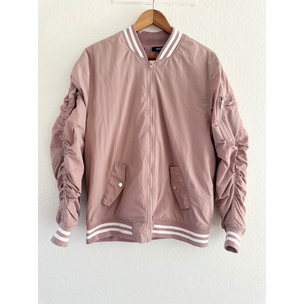 Jackson Womens Pink Ruched Sleeve Bomber Jacket Full Zip Varsity Coat Medium